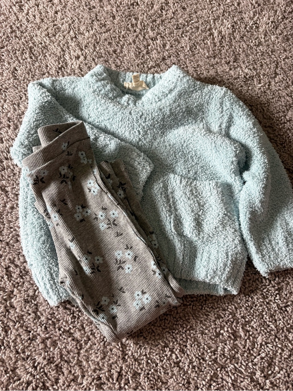 Sincerely Jules Light Blue Sherpa Top with Tan Floral Ribbed Pants